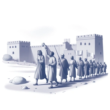 A group of Israelites marching in a line, led by a man identified as "Joshua." He stands at the forefront, holding a ram's horn in one hand while raising the other in a commanding gesture. The Israelites are dressed in traditional robes, each carrying banners and shields, reflecting a sense of unity and purpose. In the background, the towering walls of "Jericho" loom, built of weathered stone, showing signs of age and fortitude, with a bright sky overhead. The environment is arid, suggesting a desert landscape, with scattered rocks and sparse vegetation.