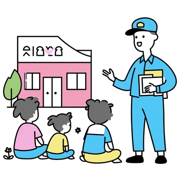 A mailman in a blue uniform stands in front of a school building, holding a stack of colorful envelopes. He is smiling as he engages a group of children, who are sitting on the grass in front of him, listening attentively. The school has a large red brick facade with a white door and windows. A few trees are visible in the background, and some flowers are blooming nearby. The mailman is gesturing towards the envelopes, emphasizing the importance of mailing letters, while the children look intrigued and curious.
