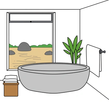 A minimalist bathroom with a stone tub and a calming zen garden view