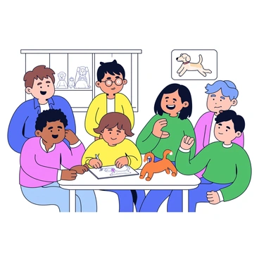 A child is sitting at a small table, focused on a sheet of paper where they are drawing their beloved pet dog. The child has brown hair and is wearing a bright yellow shirt. Around the table, family members are gathered, each one engaged and smiling. One family member, with glasses, leans in closer to look at the drawing. Another family member, wearing a green sweater, is pointing at the drawing while looking surprised. The drawing itself features a cartoon-style dog with floppy ears and a wagging tail, drawn in vibrant colors. The setting is a cozy living room with a few family photos on the wall.