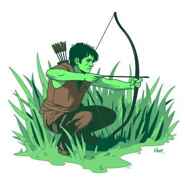An archer crouched in tall grass, preparing to shoot at an unseen target during a hunt