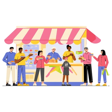 A bustling street food stall located in an open-air market. The stall has a colorful awning with various food items displayed prominently. People are gathered around the stall, some holding plates filled with vibrant dishes. A smiling vendor serves food from behind the stall, while a diverse group of customers, including a child with a big smile, enjoys their meals. The atmosphere is lively, with neighboring stalls visible in the background, adding to the market's vibrant energy. 