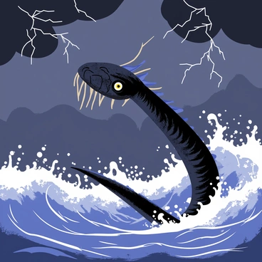 A colossal sea creature is partially emerging from the churning waves of a stormy ocean. The creature has a long, serpentine body covered in dark, shimmering scales. Its large, glowing eyes peer through the frothy water, and its massive tentacles stretch out, reaching towards the turbulent surface. Dark storm clouds loom overhead, and flashes of lightning illuminate the scene, creating a dramatic atmosphere around the creature. White-capped waves crash around it, emphasizing its size in comparison to the tumultuous sea.