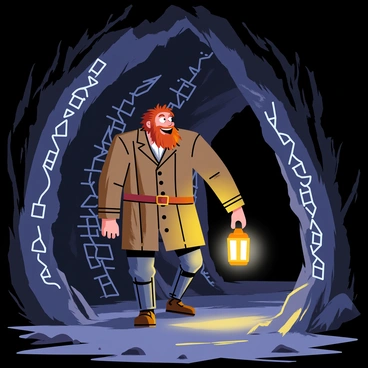 A large man with wild hair and a beard, wearing a worn brown coat and holding a glowing lantern, is walking into a dark, mysterious cave. The cave walls are rough and rocky, lined with intricate ancient runes that emit a faint blue light. Hagrid's facial expression shows curiosity and wonder as he examines the runes. Shadows dance around the cave, creating an atmosphere of intrigue and adventure. Small rocks and scattered stalagmites are present on the ground, adding to the cave's rugged terrain.