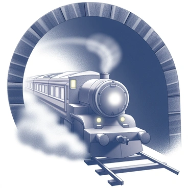 A train is depicted speeding through a dark tunnel. The train has a ghostly appearance, with a translucent, ethereal quality. The tunnel is dimly lit, enhancing the sense of speed and urgency. A trail of mist follows the train as it rushes forward, swirling in the air behind it. The interior of the tunnel has rough, textured walls that fade into darkness.