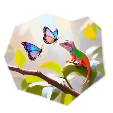 A crested gecko with vibrant green and orange coloration is perched on a leafy branch, its textured skin glistening in the sunlight. Nearby, a colorful butterfly with iridescent blue and black wings flutters gracefully, hovering close to the gecko. The scene is set in a bright, sunny environment, with dappled light filtering through the leaves of surrounding plants. The gecko's eyes are focused on the butterfly, showcasing its curious expression, while the butterfly is poised elegantly, wings spread wide in a delicate display.