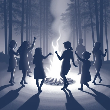 Silhouettes of shadowy figures are gathered around a large bonfire in a dense forest. The fire emits bright, flickering flames, illuminating their outlines as they dance. Each figure has distinctive postures, some with arms raised and others in mid-step, creating a sense of motion. The contrasting darkness of the woods surrounds them, while the firelight casts elongated shadows on the ground, stretching towards the trees. The silhouettes vary in height and shape, suggesting a diverse group engaged in rhythmic movement.