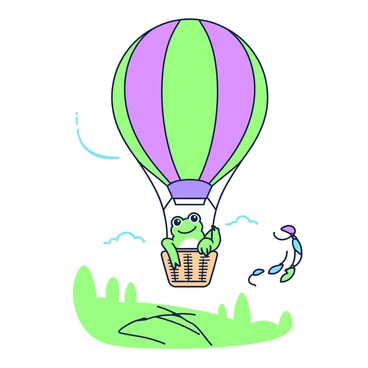 A green frog is flying through the air inside a hot air balloon. The balloon has a large round shape, with a vibrant pattern of alternating sections. The frog is sitting comfortably in the balloon's wicker basket, with its eyes wide open in excitement. The sky is bright and clear, providing a perfect backdrop for the journey. Below, a patchwork of fields and trees can be seen. The balloon is tethered to the ground by colorful ropes, which flutter in the breeze.