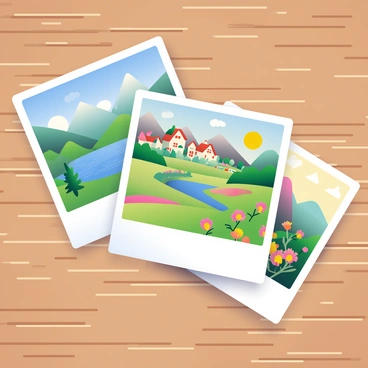A collection of vintage postcards is displayed on a wooden table. Each postcard features picturesque landscape illustrations. The first postcard shows a serene lake surrounded by lush green mountains, with a bright blue sky above. The second postcard depicts a charming village nestled in a valley, with quaint houses and blooming gardens. The third postcard illustrates rolling hills adorned with colorful wildflowers under a golden sunset. The postcards have a slightly worn texture, enhancing their vintage appeal, and they are arranged in a fan shape for visibility.
