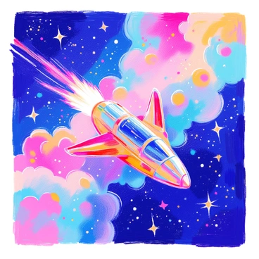 A sleek spacecraft with a metallic exterior is flying through a dense mist of interstellar gases. The gases are swirling in hues of blue, purple, and green, creating a vibrant backdrop. Tiny stars are scattered throughout the scene, twinkling against the vast darkness of space. The spacecraft emits a soft glow from its engines as it navigates through this celestial cloud, leaving a faint trail of light behind. The overall atmosphere is vibrant and dynamic, showcasing the beauty of space exploration.