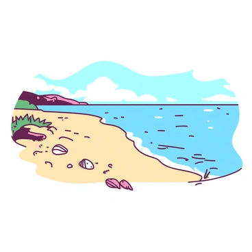 A duotone scene featuring sandy shores that smoothly transition into the estuary's waters. The sandy area is dotted with small seashells and patches of sea grass, while gentle waves lap at the edges. The estuary’s waters reflect the light of the sun, creating a shimmering effect. Above, there is a clear sky devoid of clouds, emphasizing the brightness of the day. The colors of the sandy shores blend harmoniously with those of the estuary, creating a tranquil and inviting atmosphere.