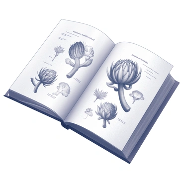 Several pages from a botanical illustration book are laid out, each showcasing a different species of artichoke. The illustrations display detailed, hand-drawn images of artichokes, featuring their unique shapes and forms. Each page contains labeled diagrams with the scientific names of the species. The background of the pages is textured, resembling aged paper, adding to the vintage feel of the book. Some pages may include additional botanical elements, such as leaves or flowers, surrounding the artichokes to provide context and depth to the illustrations.