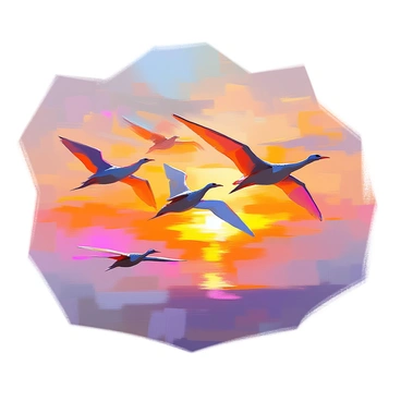 A group of pterodactyls with elongated wings and sharp beaks are soaring through the sky. Their bodies are varied in color, exhibiting shades of green, brown, and gray, which contrast against the vibrant sunset. The sky is ablaze with hues of orange, pink, and purple, creating a stunning backdrop. The pterodactyls are flying in different formations, some gliding gracefully while others flap their wings energetically. The silhouettes of their distinctive shapes are highlighted against the radiant colors of the sunset.
