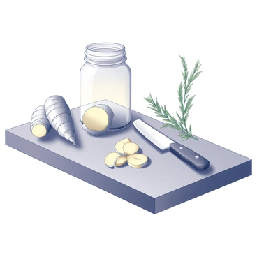 A kitchen counter is cluttered with various ingredients. Fresh ginger roots with their knobby textures are placed alongside a piece of horseradish, showcasing its rough exterior. Several sprigs of herbs, including thyme and rosemary, are scattered around, emphasizing their leafy structures. A glass jar is positioned prominently on the counter, ready to hold the mixture. A wooden cutting board is next to the jar, displaying a knife partially buried in a pile of chopped ginger. The overall scene conveys a sense of preparation for making "fire cider."