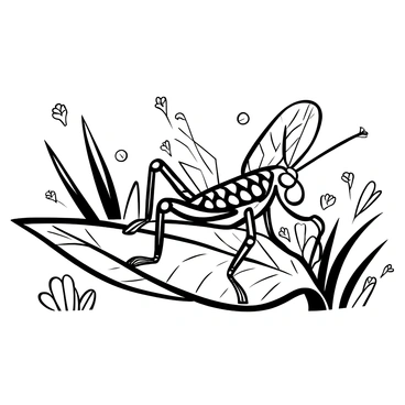 A detailed illustration of a grasshopper positioned on a textured leaf. The grasshopper displays intricate patterns on its wings and legs, showcasing fine details in its joints and segments. Surrounding the grasshopper, there are labeled diagrams highlighting its anatomy, such as the thorax, abdomen, and antennae. The background features a subtle arrangement of plants and grass to provide context for its natural habitat. Various botanical elements are included to enhance the scientific aspect of the illustration.