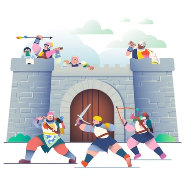 A group of fighters with various armors and weapons are engaged in a dynamic assault on a heavily fortified gatehouse of a castle. In the foreground, a knight wielding a sword is charging towards the gate, with a determined expression on his face. Beside him, an archer is taking aim with a bow, and a figure holding a shield is protecting him from incoming projectiles. The gatehouse is made of large, weathered stones with intricate carvings, and it features a heavy wooden door reinforced with metal bands. Above, defenders are peering down from the ramparts, some ready to shoot arrows, while others prepare to drop objects onto the attackers below. The sky is overcast, adding a dramatic atmosphere to the intense scene.