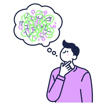 A person is standing with their head slightly tilted, and a speech bubble is hovering above them. Inside the speech bubble, there are numerous tangled lines and shapes representing chaotic thoughts. The person has a thoughtful expression, with one hand resting on their chin, contemplating the contents of the speech bubble. The speech bubble is clearly distinct, filled with intricate patterns that illustrate the complexity of their thoughts.