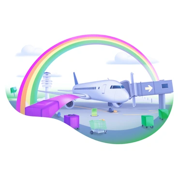 A colorful rainbow arching over a jet bridge and airplane at an airport