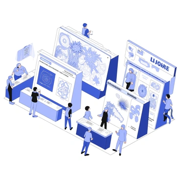 A bustling international job fair is taking place in a large indoor venue. Various booths are arranged neatly in rows, each displaying different scientific illustration opportunities. Attendees from diverse backgrounds are engaged in conversations with recruiters, holding brochures and business cards. Some booths feature eye-catching displays of scientific artwork, depicting complex biological systems and botanical illustrations. There are banners above each booth, showcasing the names of companies and organizations in bold letters. The atmosphere is filled with energy as people network and exchange ideas, with a sense of excitement in the air.