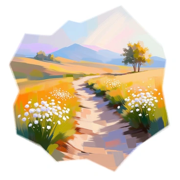 A winding dirt trail meanders through a vibrant landscape filled with clusters of delicate "flannel flowers" stretching across the scene. The flowers, characterized by their soft, white petals, create a striking contrast against the lush green grass surrounding them. In the distance, gentle rolling hills rise up, partially obscured by a light morning mist. The sky overhead displays a palette of soft pastel colors, hinting at the early hours of dawn. Alongside the trail, patches of earthy brown soil peek through the verdant growth, hinting at the path's frequent use. A few distant trees stand tall, their leaves rustling gently in the soft breeze.