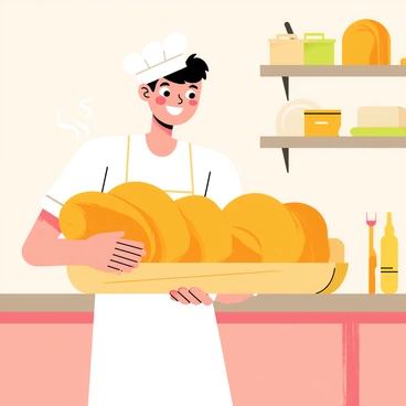 A baker with rosy cheeks is standing in a cozy kitchen. The baker is wearing a white apron and a baker's hat. The baker has a broad smile on their face, showcasing joy and pride. In their hands, they hold a large wooden tray filled with golden-brown, freshly baked bread loaves. The bread is steam rising slightly from it, indicating freshness. The background features a rustic wooden countertop and a shelf filled with baking tools and ingredients.