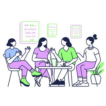 A group of four satisfied clients is seated in a cozy, well-lit room, sharing their success stories about laser hair removal. Each client is dressed in casual attire, with one wearing a light blue top, another in a green blouse, a third in a purple dress, and the last in a white t-shirt. They are smiling and animatedly discussing their experiences, with one client gesturing enthusiastically with her hands. A small table in front of them holds a few brochures about laser hair removal services. In the background, there are framed testimonials and a potted plant adding a welcoming touch to the space.