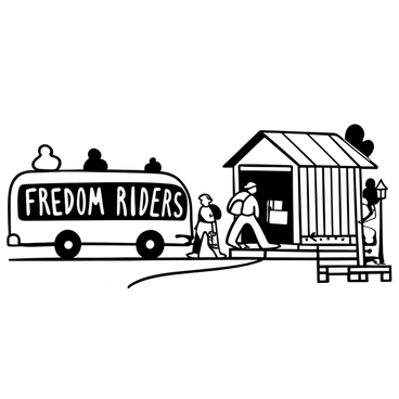 A bus with "Freedom Riders" written on its side is pulling up to a small rural train station. A group of individuals in casual clothing is stepping off the bus, carrying backpacks and signs. The station is made of wood, with a simple platform and benches. There are a few trees in the background and a dirt road leading away from the station. A vintage gas lamp stands at one end of the platform, casting shadows.