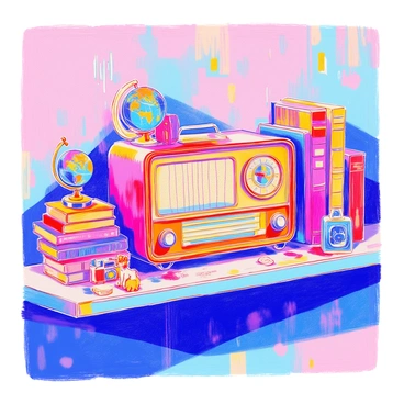 An old radio made of wood is placed on a shelf. The radio has a large dial and a speaker grille. Surrounding the radio are various retro knick-knacks, including a small globe, a vintage camera, and a ceramic figurine of a dog. There are also several dusty books stacked beside the radio, with worn-out covers and yellowed pages. The shelf is mounted against a wall that is adorned with faded wallpaper.
