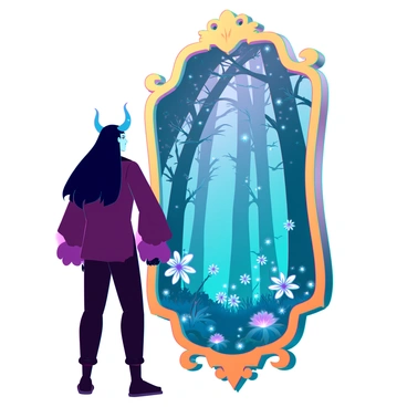 A figure resembling "Lucifer" with pale skin and dark, flowing hair stands before an ornate, gilded mirror. His sharp features are highlighted by a hint of a smirk as he gazes intently at his own reflection. The mirror's surface captures an enchanting "mystical forest," filled with tall, ethereal trees, bioluminescent plants, and soft, twinkling lights that resemble stars scattered throughout the foliage. The contrast between Lucifer's dark attire and the vibrant colors of the forest creates a striking visual.