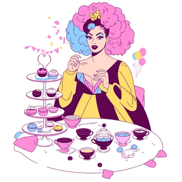 A vibrant drag queen with a stunning, elaborate costume is standing at the center of a whimsical tea party. She has bold, colorful makeup and an extravagant wig adorned with flowers. Surrounding her are an array of colorful teacups, each with unique designs, filled with various teas. A tiered white cake stand holds an assortment of pastries, including cupcakes and macarons in varying shades. The table is elegantly set with a white tablecloth, and there are whimsical decorations like streamers and balloons in the background, enhancing the festive atmosphere.