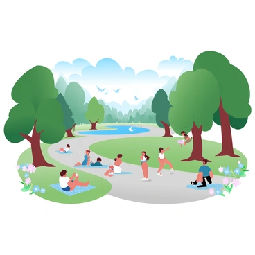 A sunny day in Central Park is filled with people engaging in various activities. Some individuals are sitting on picnic blankets enjoying snacks, while others are walking along the pathways. A group of friends is playing frisbee in a green open area. Surrounding this lively scene are tall, lush trees casting dappled shadows on the ground. In the background, a serene pond reflects the blue sky, with a few ducks gracefully gliding across the water. Colorful flowers bloom along the edges of the pathways, adding to the vibrant atmosphere of the park.