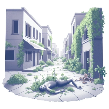 An abandoned urban setting with crumbling buildings and cracked pavement. Vines and greenery are now overtaking the structures, with plants growing through broken windows and climbing the walls. In the center of the scene, a body lies partially covered by foliage, with various plants sprouting around it, indicating nature’s reclaiming presence. The surrounding area features rusted metal debris and scattered remnants of urban life, contrasting with the vibrant growth of new life surrounding the body. The overall atmosphere conveys a sense of decay and natural resurgence.