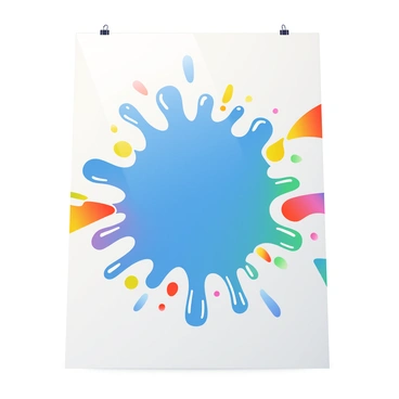 A large white canvas is positioned upright, and a splash of bright blue paint has burst outward from the center. The paint forms dynamic splatters and drips, radiating outward in shades of red, orange, yellow, green, blue, indigo, and violet, creating a vivid rainbow effect. The surrounding area is clean and uncluttered, emphasizing the vibrant colors of the paint as they blend and intermingle, conveying a sense of energy and movement. The paint is glossy and reflective, catching the light and enhancing the overall visual impact of the scene.