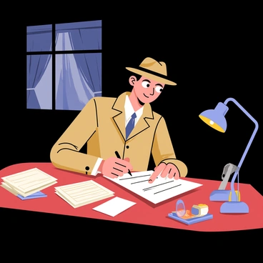 A detective seated at a wooden desk in a dimly lit room. The detective wears a classic trench coat and a fedora, with a focused expression on his face. In front of him lies a mysterious questionnaire, partially filled out. The desk is cluttered with scattered papers, an old-style magnifying glass, and a flickering oil lamp casting shadows on the walls. The room has dark wooden panels and a single window with drawn curtains, allowing only a sliver of light to enter. An air of intrigue surrounds the scene as the detective carefully writes his answers.