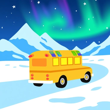 A vibrant yellow school bus is traveling through a snowy polar landscape. The bus is decorated with colorful patterns and has its windows glowing warmly. Above, the sky is filled with dazzling auroras in shades of green, blue, and purple, creating a captivating display. Snow-covered mountains rise in the background, and patches of ice glisten under the auroras. Flurries of snowflakes gently fall around the bus, enhancing the enchanting winter scene.