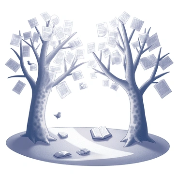 A whimsical scene depicting a forest where the trees have trunks with intricate bark textures. Each tree has branches that spread wide, and instead of traditional leaves, there are numerous pages attached, fluttering gently in the breeze. The pages are filled with "words" written in various fonts, some neatly aligned while others are scattered playfully. Sunlight filters through the canopy, casting patterns on the ground, with a carpet of fallen leaves resembling open books. Birds can be seen perched on the branches, interacting with the pages, as if reading the stories. In the distance, a soft path meanders through the trees, inviting exploration into this enchanting literary landscape.