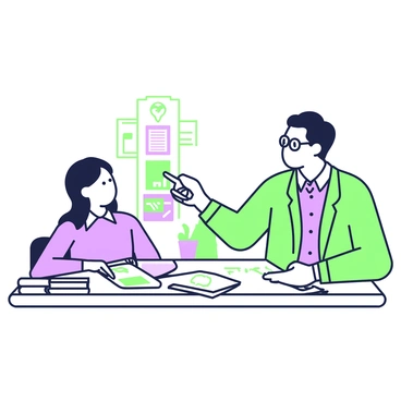 A professor with glasses is seated at a table, reviewing an illustration portfolio. The table is covered with several sheets of paper containing various illustrations. The professor, dressed in a button-up shirt and cardigan, is pointing to a specific illustration while discussing it with a student. The student is sitting across from the professor, looking attentive and holding a sketchbook. There is a stack of books on the side of the table, and a potted plant is positioned in the background. The atmosphere conveys focus and professionalism during the review session.