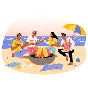 A group of five friends gathered around a round barbecue pit on the beach. The barbecue pit is filled with glowing red coals and sizzling food, including burgers and corn on the cob. Each friend is engaged in conversation, with one person flipping a burger, while another is holding a plate of food. The friends are smiling and laughing, enjoying each other's company. In the background, there are gentle waves crashing onto the shore, and the sky is painted with soft shades of orange and pink from the setting sun. Beach umbrellas and towels are scattered around, completing the cheerful atmosphere.