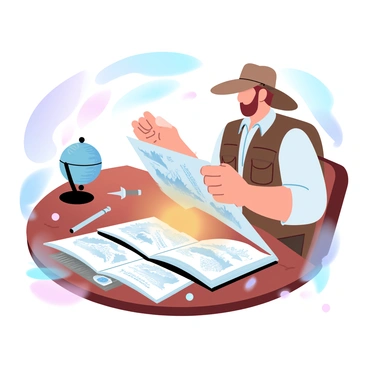 An explorer is seated at a wooden table, flipping through a large, open book that is filled with detailed maps and sketches of exotic lands. The explorer is wearing a rugged, khaki vest and a wide-brimmed hat, with various tools and compasses scattered around. The pages of the book display intricate illustrations of mountains, forests, and rivers, alongside handwritten notes and observations. A warm light illuminates the scene, casting gentle shadows across the table, while an old globe and a small treasure chest sit in the background, enhancing the adventurous atmosphere.