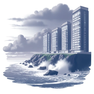 A row of luxury condominiums stands prominently on a cliff's edge. The buildings feature expansive glass windows and sleek modern designs. Waves crash violently against the rocks below, sending up sprays of water that glisten in the light. Dark storm clouds gather overhead, creating a dramatic contrast with the bright lights emanating from the condos. The scene captures the turbulent ocean's energy as it swells and churns, with whitecaps forming on the surface, reflecting the chaotic nature of the storm.