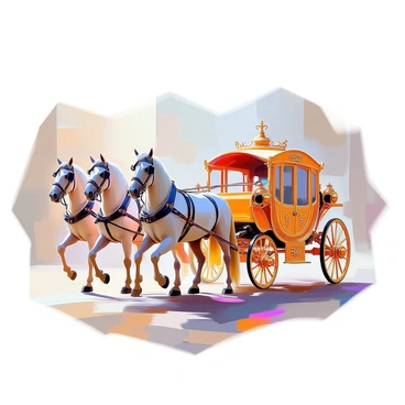 An engraved depiction of an ornate royal carriage with intricate carvings and embellishments. The carriage features a rich, deep color with gold accents, showcasing its luxurious design. It is being drawn by two strong horses, harnessed elegantly, with flowing manes and tails. The background includes a softly detailed landscape, enhancing the grandeur of the scene. The setting suggests a formal procession, with a sense of movement as the horses stride forward while the carriage stands prominently in the foreground.