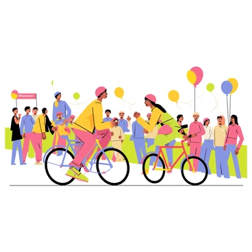 A lively scene of cyclists participating in a colorful parade race. Each cyclist is riding a unique bike, with vibrant streamers flowing from the handlebars and frames. The cyclists are dressed in bright, festive clothing, adding to the overall joyful atmosphere. The background features cheering spectators lining the streets, some holding colorful banners. Balloons float in the air, enhancing the celebratory mood of the event.