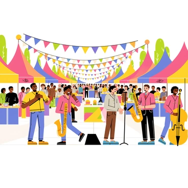 A bustling street festival filled with people enjoying live jazz performances. Colorful tents line the street, each displaying a variety of food stalls offering delicious treats. Musicians play lively jazz music on a small stage, with a saxophonist and a double bass player visible. Crowds gather around, some dancing while others savor tasty dishes. Brightly colored banners and decorations hang above the scene, adding to the festive atmosphere. People of diverse backgrounds are mingling and smiling, creating a lively and engaging environment.