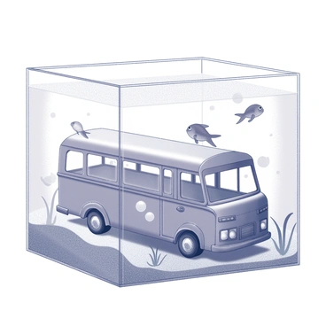 A toy bus partially submerged in an aquarium filled with clear water. The bus is brightly colored and rests on the sandy bottom. Surrounding the bus, several small fish are swimming inquisitively. The fish vary in size and shape, with some gliding gracefully near the bus while others dart playfully in and out of the bus's open doors. Bubbles rise from the bus, creating a sense of movement in the water. The aquarium is adorned with aquatic plants swaying gently in the current created by the fish.