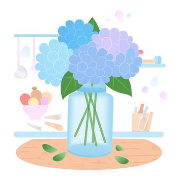 A rustic mason jar filled with freshly cut hydrangea flowers sitting on a kitchen counter.