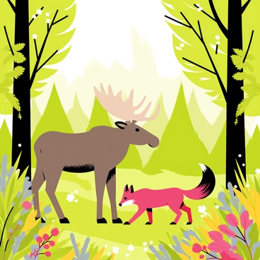 A lush Scandinavian forest filled with tall, green trees and vibrant underbrush. In the foreground, a large moose stands with its antlers prominently displayed, grazing on some leaves. Nearby, a red fox with a bushy tail is playfully sniffing around the forest floor. Sunlight filters through the tree canopy, casting dappled light on the animals and surrounding foliage. Various plants and flowers add color to the scene, creating a lively and natural habitat for the wildlife.