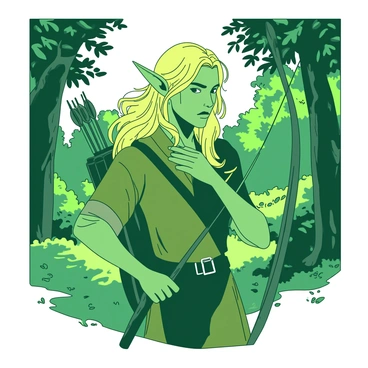 A green elf with long, flowing blonde hair is adjusting his quiver, which is slung over his shoulder. The quiver is made of dark leather and contains several elegant arrows with intricate designs. He stands in a lush forest, surrounded by tall trees and vibrant foliage. Sunlight filters through the leaves, casting dappled shadows on the ground. The elf is wearing a fitted, earthy-toned tunic and has a focused expression on his face, preparing for an adventurous journey through the wilderness.