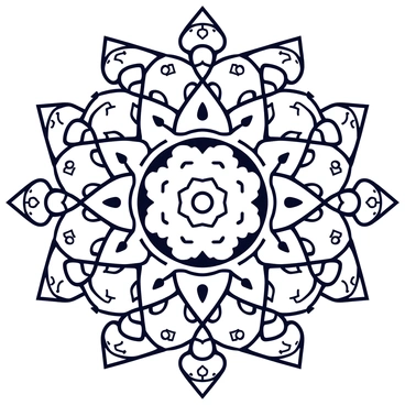A large mandala featuring intricate sacred geometric patterns. The design includes a series of interconnected circles, triangles, and squares arranged symmetrically. Each geometric shape is filled with repeating motifs, showcasing detailed line work and various patterns. The mandala is predominantly in black and white, emphasizing the complexity of the geometry. The overall structure radiates outward from a central point, creating a captivating visual focal point.