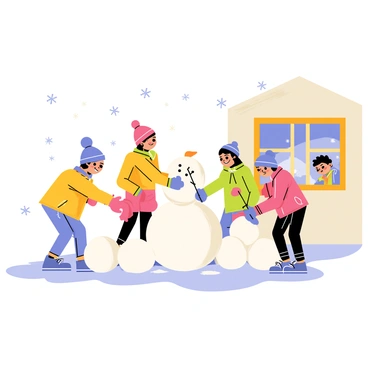 A group of three children playing in the snow, wearing colorful winter jackets, gloves, and hats. They are enthusiastically rolling large snowballs to build a snowman, which has a carrot nose and stick arms. In the background, a cozy house with a wooden frame has a window, where one child is peeking out, looking longingly at the snowman building activity. Snowflakes are gently falling from the sky, and the ground is covered with a thick layer of fresh snow. The scene captures the joy of winter play contrasted with the child's bittersweet expression from inside the house.