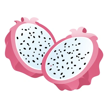 A close-up view of a sliced dragon fruit. The fruit has vibrant pink skin with a glossy texture, showcasing its unique shape. The inner flesh is speckled with small black seeds, contrasting against the bright white background of the flesh. The edges of the slices are visible, highlighting the thick skin that surrounds the fruit. Soft gradient pastel colors fill the image, enhancing the overall appeal of the composition.